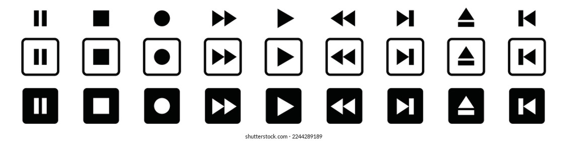 Media player buttons icon set. Media player buttons icon in square. Video audio player buttons icon. Play, pause, next, previous, faster, slow down, record button sign, symbol vector illustration