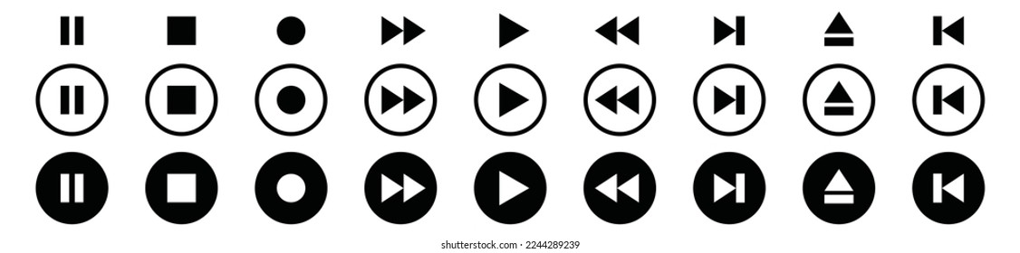 Juego de iconos de botones del reproductor de medios. Icono de botones del reproductor de medios en círculo. Icono de botones del reproductor de audio de vídeo. Reproducir, pausar, siguiente, anterior, más rápido, lento, signo de botón de registro, ilustración de vector de símbolo