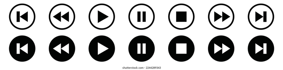 Media player buttons icon set. Media player buttons icon in circle. Video audio player buttons icon. Play, pause, next, previous, faster, slow down, record button sign, symbol vector illustration