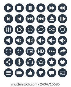 media player buttons icon set, video and audio interface symbols