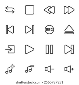 Media player buttons line icons set, outline vector symbol collection, linear style pictogram pack. Signs, logo illustration. Set includes icons as audio and video control buttons, play, pause, record