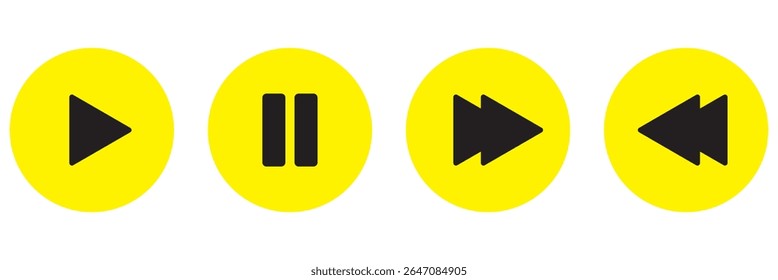 Botões do Media Player. Ícone Pausar, retroceder, avançar rapidamente. Botões do player de música. Elementos da interface do usuário. Modelo de interface do usuário. Botões Musicais. Ícones pretos. Conjunto de ícones do Media Player. Modelo do reprodutor de vídeo. Controles de vídeo.