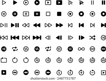 Media player buttons set. Media player icons collection. Multimedia symbols isolated on white background. Vector illustration of audio, video, music, recording, interface pictogram pack.