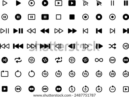 Media player buttons set. Media player icons collection. Multimedia symbols isolated on white background. Vector illustration of audio, video, music, recording, interface pictogram pack.