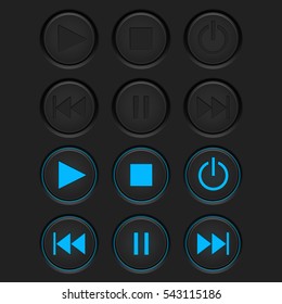 Media player buttons set. Normal and active pushed. Vector illustration.