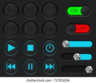 Media player buttons set. Normal and active pushed. With sliders and ON and OFF buttons. Vector illustration