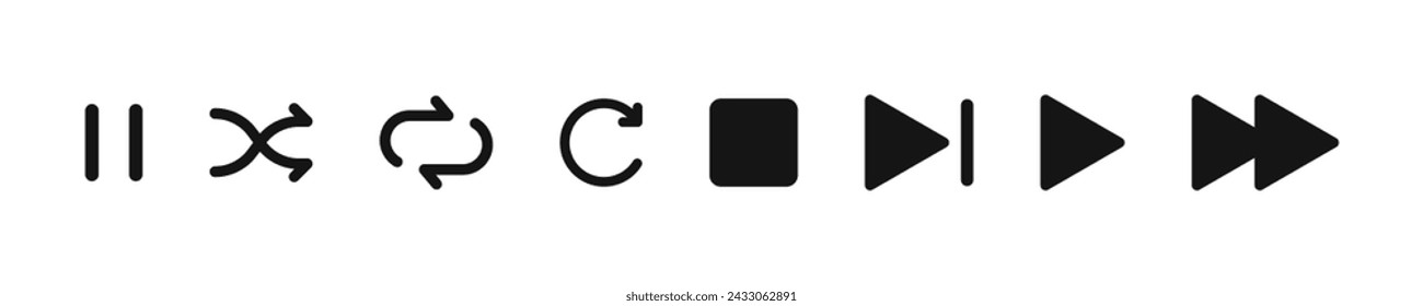 Media player buttons set. Play and pause buttons. Player button icons. Video Audio Player button set