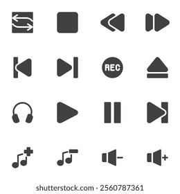 Media player buttons vector icons set, modern solid symbol collection, filled style pictogram pack. Signs, logo illustration. Set includes icons as audio and video control buttons, play, pause, record