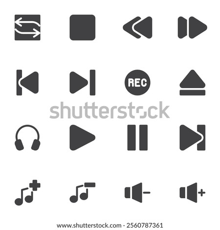 Media player buttons vector icons set, modern solid symbol collection, filled style pictogram pack. Signs, logo illustration. Set includes icons as audio and video control buttons, play, pause, record