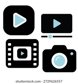 Conjunto de Ícones de Câmera e Media Player - Símbolos de Vídeo, Filme, Controle Deslizante e Fotografia