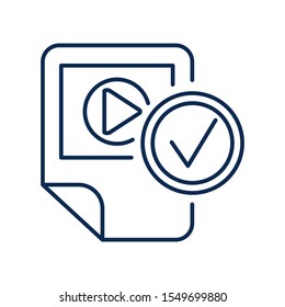 Media player checking blue monochrome linear icon. Video app with tick mark color line pictogram