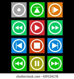 Media player colored buttons. Set audio and video player buttons. Player buttons on a colored background. Multimedia player icon set. Vector illustration