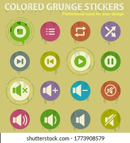 Media player colored grunge icons with sweats glue for design web and mobile applications