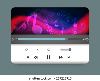 Media player with colorful musical notes and waves.