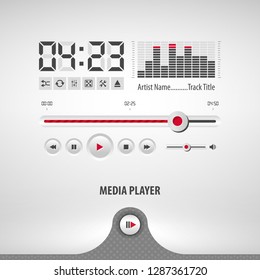 media player containing: two audio app designs, volume control knob, 3d button, textured pattern, stainless steel background, eps10 vector illustration