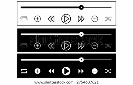 Media player control bar icon set with play, pause, forward, backward, shuffle, repeat, volume and progress slider. Outline and silhouette vector illustration for music, audio, video streaming