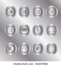 Media player control button icon set. Vector web design elements with glass button.