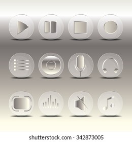 Media player control button icon set. Vector web design elements with glass button.