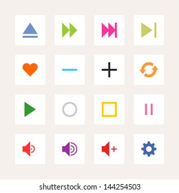 Media player control button ui icon set. Set 06 (color on white). Simple rounded square sticker internet sign. Solid plain mono color flat tile style. Vector illustration web design elements 8 eps