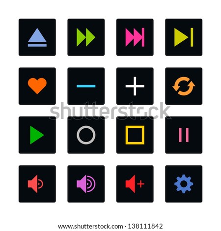 Media player control button ui icon set. Color on black. Simple rounded square sticker internet sign. Solid plain monochrome color flat tile style. Vector illustration web design elements 8 eps