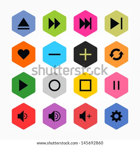 Media player control button ui icon set 06. Black on color. Simple rounded hexagon internet sign. Solid plain monochrome color flat tile. New minimal elegant metro style. Web design elements 8 eps