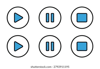 Media player control buttons including play pause and stop icons collection for digital UI interface design.