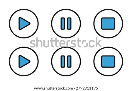 Media player control buttons including play pause and stop icons collection for digital UI interface design.