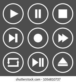 Media player control buttons. Play, pause, stop, record, forward, rewind, previous, next, eject, repeat  icon. Vector.
