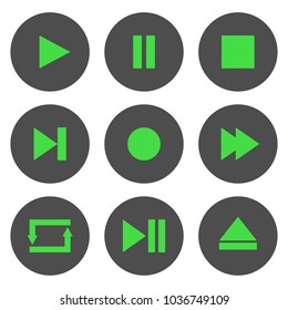 Media player control buttons set. Play, pause, stop, record, forward, rewind, previous, next, eject, repeat  icons in circle. Vector.
