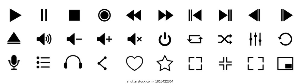 Media player control icon set, interface multimedia symbols and audio, media player buttons, music speaker volume – stock vector