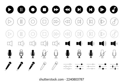 Media player control icon set, music and sound   icon set, media player buttons, music speaker volume – stock vector 