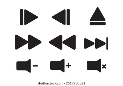 Symbolsatz für die Media-Player-Steuerung, Multimedia-Symbole und Audio-Schnittstelle, Tasten für den Media-Player, Lautstärke der Lautsprecher und mehr.Vektorgrafik EPS 10