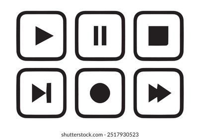 Symbolsatz für die Media-Player-Steuerung, Multimedia-Symbole und Audio-Schnittstelle, Tasten für den Media-Player, Lautstärke der Lautsprecher und mehr.Vektorgrafik EPS 10