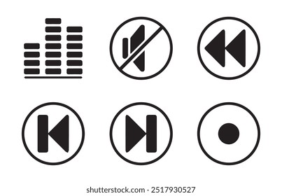 Symbolsatz für die Media-Player-Steuerung, Multimedia-Symbole und Audio-Schnittstelle, Tasten für den Media-Player, Lautstärke der Lautsprecher und mehr.Vektorgrafik EPS 10