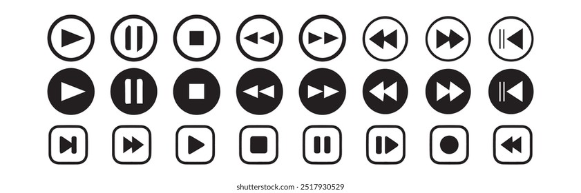 Symbolsatz für die Media-Player-Steuerung, Multimedia-Symbole und Audio-Schnittstelle, Tasten für den Media-Player, Lautstärke der Lautsprecher und mehr.Vektorgrafik EPS 10