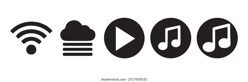 Symbolsatz für die Media-Player-Steuerung, Multimedia-Symbole und Audio-Schnittstelle, Tasten für den Media-Player, Lautstärke der Lautsprecher und mehr.Vektorgrafik EPS 10