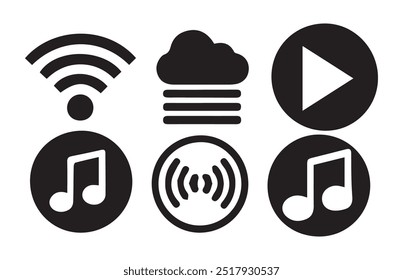 Symbolsatz für die Media-Player-Steuerung, Multimedia-Symbole und Audio-Schnittstelle, Tasten für den Media-Player, Lautstärke der Lautsprecher und mehr.Vektorgrafik EPS 10