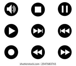 Conjunto de ícones de controle do Media Player, símbolos multimídia e áudio da interface, botões do Media Player, ilustração vetorial do volume do alto-falante de música no fundo branco.play.pause.media player.stop.volume.