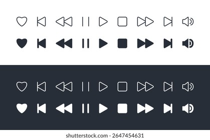 Media Player control icon set. Interface multimedia Buttons in flat style, white and black color. Like pause stop play next settings volume outline element editable stroke. Audio Music app display