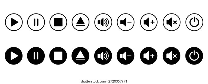 Symbolsatzvektor für Media Player-Steuerelement. abspielen, anhalten, stoppen, auswerfen, volle Lautstärke, Lautstärke runter, keine Lautstärke, Symbol herunterfahren. Vektorgrafik.