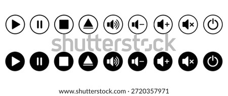 Media player control icon set vector. play, pause, stop, eject, full volume, volume down, no volume, shut down symbol. vector illustration.