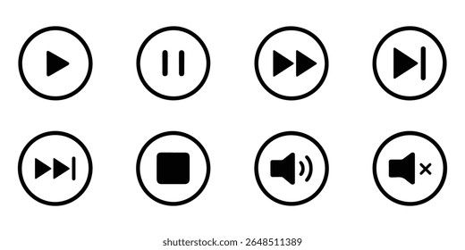 Media player control icons with outline isolated on white background