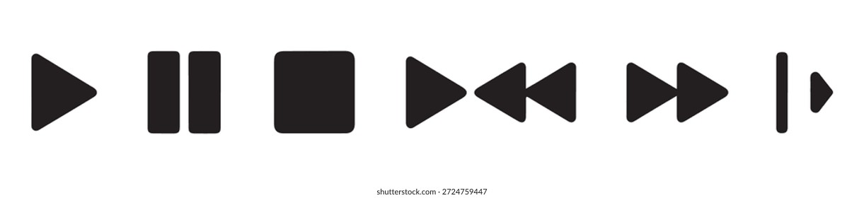 Iconos de control del reproductor multimedia. Reproducir Pausa Detener siguiente rebobinado anterior y avance rápido para interfaces digitales modernas.