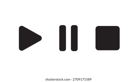 Ícones de controle do Media Player Simples Reproduzir Pausa Parar Silhuetas de Preto Sólido para Design e Aplicativo da Interface do Usuário
