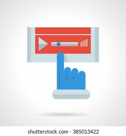 Media player control panel. V-blog. social media. Finger pointer on  player bar. Flat color style vector icon. Single design element for website, business.