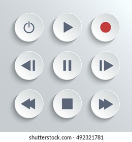 Media player control ui icon set- vector white round buttons