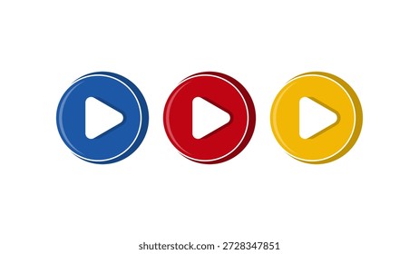 Media Player Element Design mit 3 verschiedenen Farben. Kreis-Element-Design mit 3D-Effekt