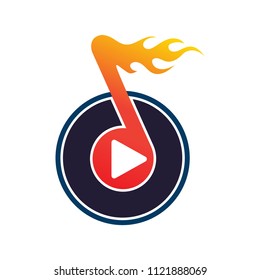 Media player with fire note emblem logo design template. Music icon vector illustration isolated on white background
