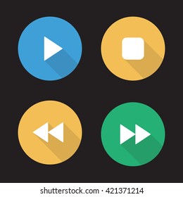 Media player flat design long shadow icons set. Play, stop, forward and backward buttons. Vector symbols