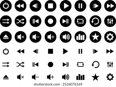 Conjunto de ícones planos do Media Player. Coleção de símbolos multimídia isolados em fundo transparente. Áudio, volume, interface, botões de media player de design. Jogar, pausar, parar, gravar, avançar, retroceder.